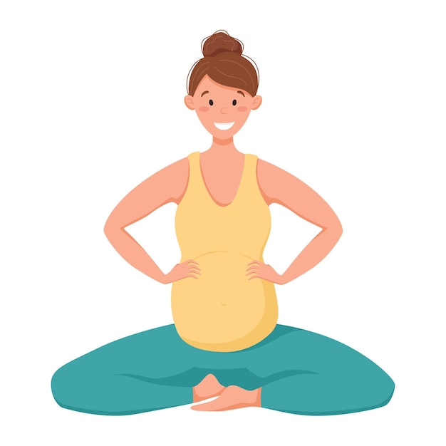 Vector illustration pregnant woman doing exercises isolated on white Prenatal yoga and a healthy lifestyle