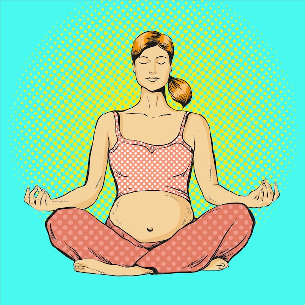 Vector illustration of pregnant young woman practicing yoga in retro pop art comic style Concept of maternity