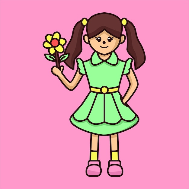 Vector illustration of premium girl playing and carrying flowers