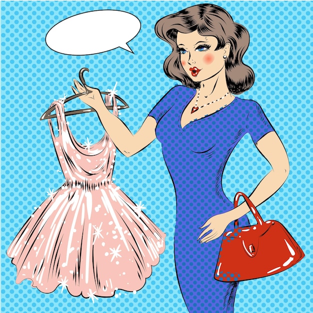 Vector vector illustration of pretty girl holding hanger with cocktail dress speech bubble shopping concept design element in retro pop art comic style