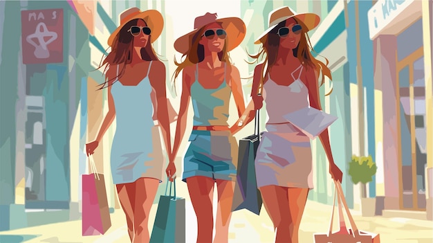 Vector vector illustration of pretty girls shopping