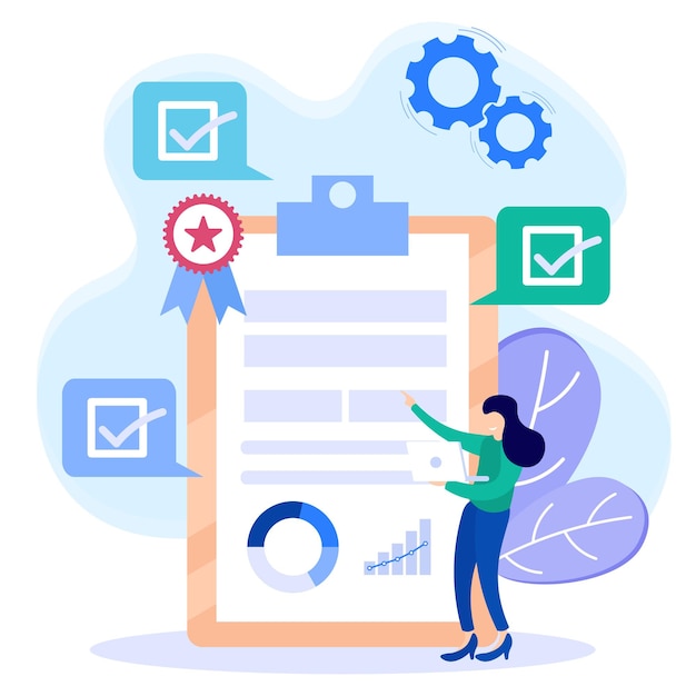 Vector illustration of product quality control with tracking in a list. Ethical and transparent verification of goods supply chain logistics and business control.