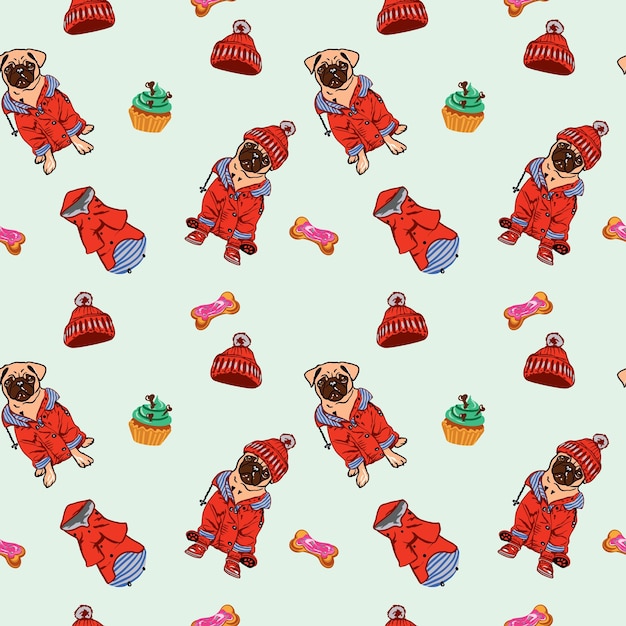 Vector illustration of a pug Seamless vector pattern with dogs