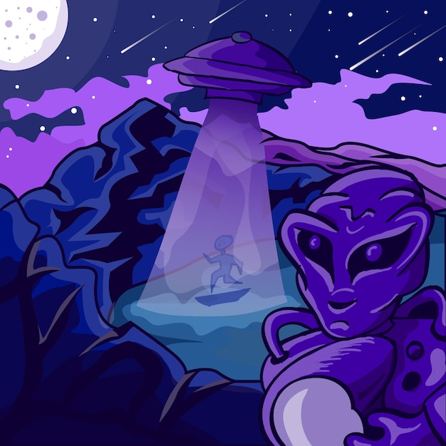 Vector illustration of purple alien with UFO on the mountain and in the night sky with shooting star