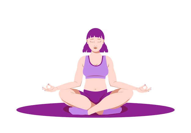 Vector illustration in purple colors sports girl sitting in lotus position doing yoga, meditating