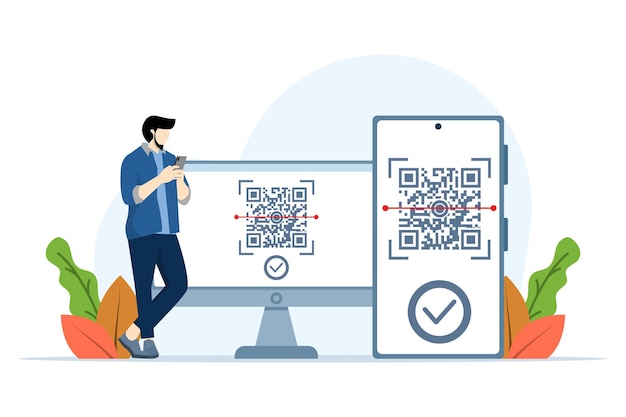 Vector vector illustration qr code scanning concept with person using smartphone and scanning qr code