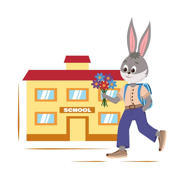 Vector illustration of a rabbit going to school with a bouquet of flowers.