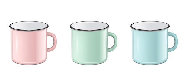 Vector illustration of realistic enamel metal in pastel colors  pink green blue  mug set isolated on white background EPS10 design template for Mock up