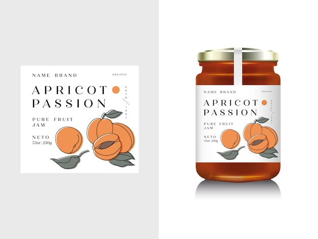 Vector vector illustration realistic glass bottle packaging for fruit jam. apricot jam with design label, typography, line apricot icon.