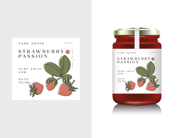 Vector illustration realistic glass bottle packaging for fruit jam Strawberry jam with design label