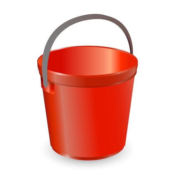 Vector illustration realistic red plastic bucket with a black handle and an inscription. Isolated white background. A bucketful for washing food, water and drink. Household chores pail.