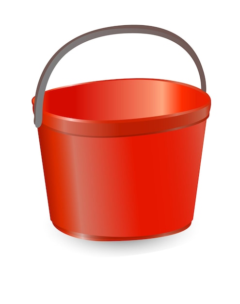 Vector illustration realistic red plastic bucket with a black handle and an inscription Isolated white background A bucketful for washing food water and drink