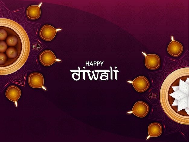 Vector illustration of realistic sweets and illuminated oil lamps Diya for great Indian festival celebration Happy Diwali