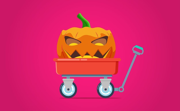 Vector illustration of red wheelbarrow wagon with hand trolley and halloween pumpkin isolated on a red background