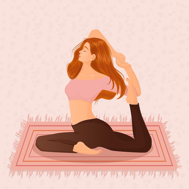 Vector illustration of a redhead girl doing yoga on the carpet on a pink background