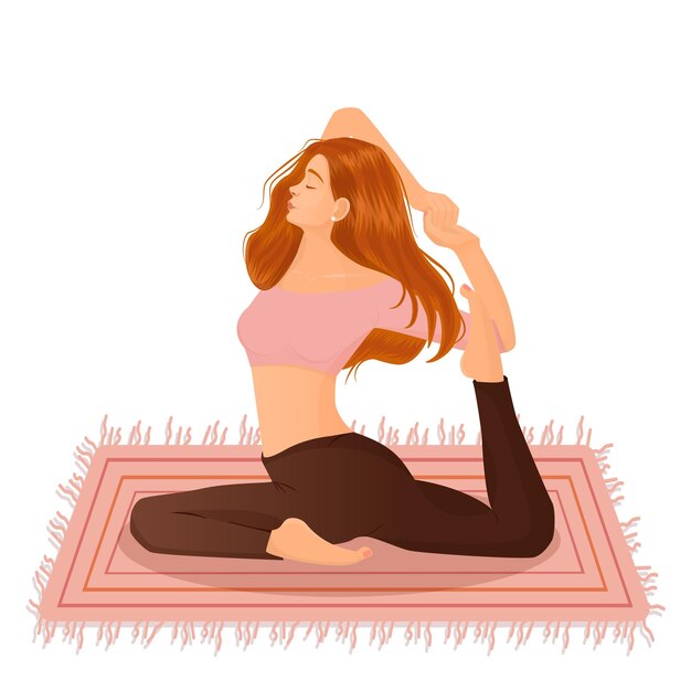 Vector vector illustration of a redhead girl doing yoga on a carpet on a white background