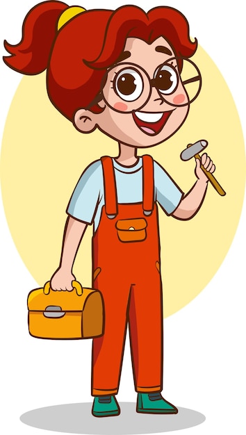 Vector vector illustration of a repairman kid holding a toolbox and a hammer