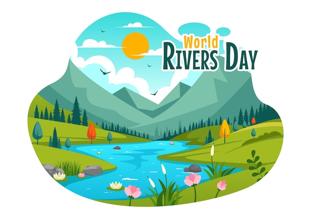 Vector Illustration of a River Landscape with Mountain Views Green Fields Trees and Forests Surrounding the Rivers in a Flat Cartoon Background