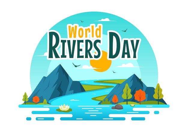 Vector Illustration of a River Landscape with Mountain Views Green Fields Trees and Forests Surrounding the Rivers in a Flat Cartoon Background