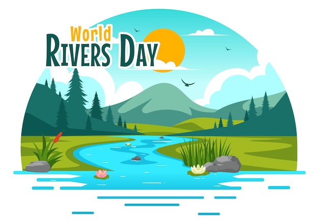 Vector Illustration of a River Landscape with Mountain Views Green Fields Trees and Forests Surrounding the Rivers in a Flat Cartoon Background