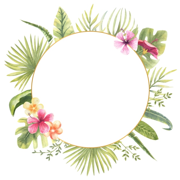 Vector illustration of a round frame with tropical plants Monster banana leaves hibiscus etc Floral watercolor For the design of greeting cards invitations