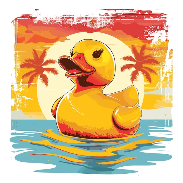 Vector illustration of a rubber duck in the sea on a sunset background