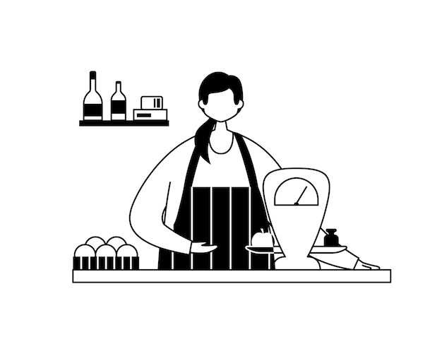 Vector illustration of a saleswoman behind a counter with products and scales Outline