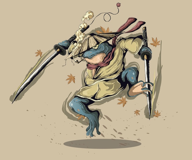 vector illustration of a samurai toad with two swords