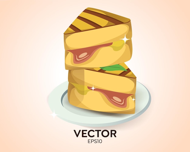 Vector illustration of sandwich slices on plate, delicious juicy sandwich slices