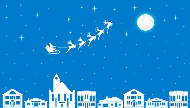 Vector illustration of Santa and Christmas Reindeer over the city