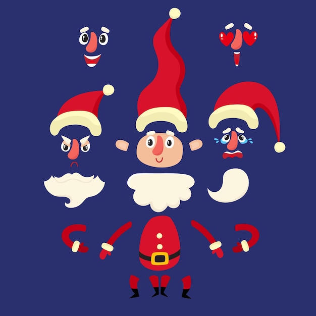 Vector illustration Santa Claus set for animation with different elements. Some hands, legs poses, face emotions and hats.