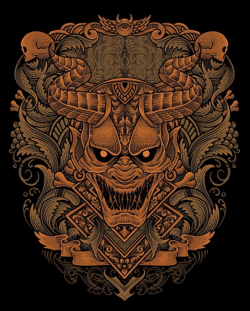 Vector illustration scary demon mask with vintage engraving ornament style perfect for your business and T shirt merchandise