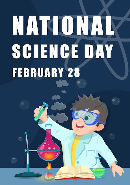 Vector illustration science day poster Young scientists doing research in tlab can use for poster