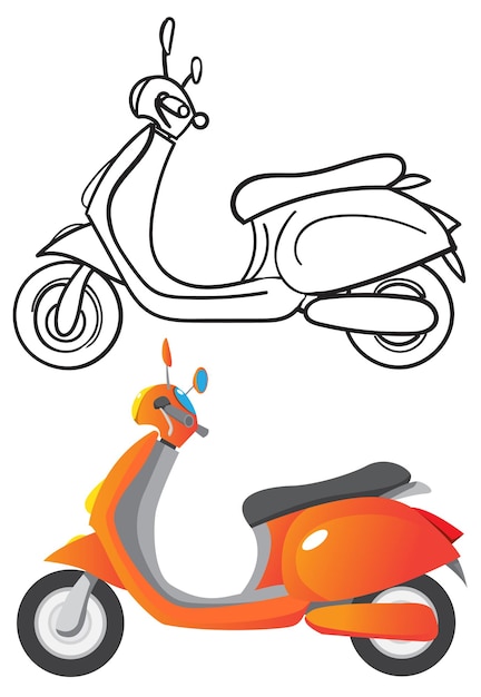 Vector illustration of scooter, outline black and white sketch and color version. Drawing tutorial