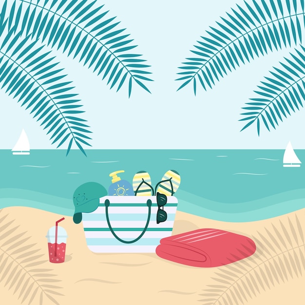 Vector illustration of sea shore with beach bag Summertime vacation by the sea concept