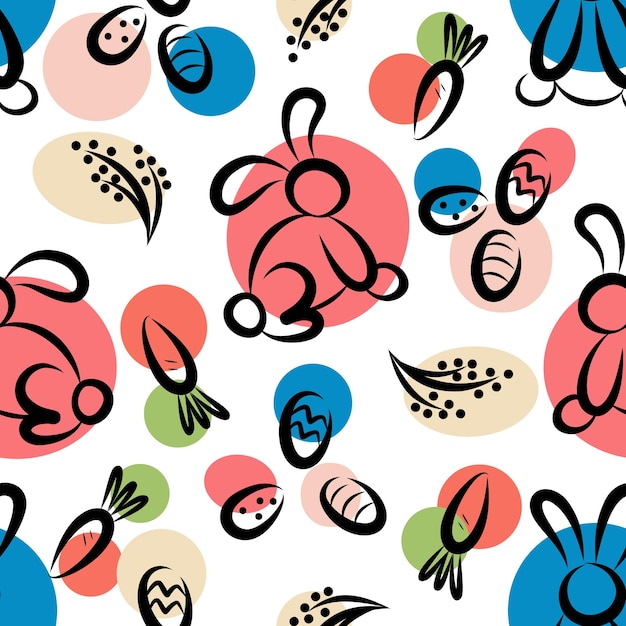 Vector illustration of seamless background of rabbits and eggs and carrots for Easter holiday on white background