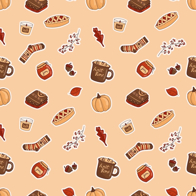 Vector illustration of a seamless pattern of doodle icons-stickers on the autumn theme. Warm colors, cartoon cozy style.