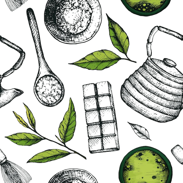 Vector illustration of seamless pattern ingredients for matcha tea leaves cups teapot Tea pattern for packaging wrapping or stationery