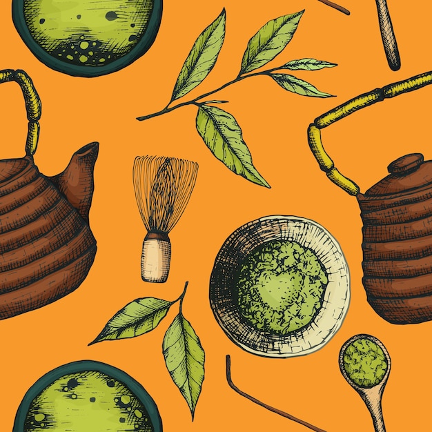 Vector illustration of a seamless pattern ingredients for matcha tea leaves, cups, teapot on a yellow background. Tea pattern for packaging, wrapping or stationery