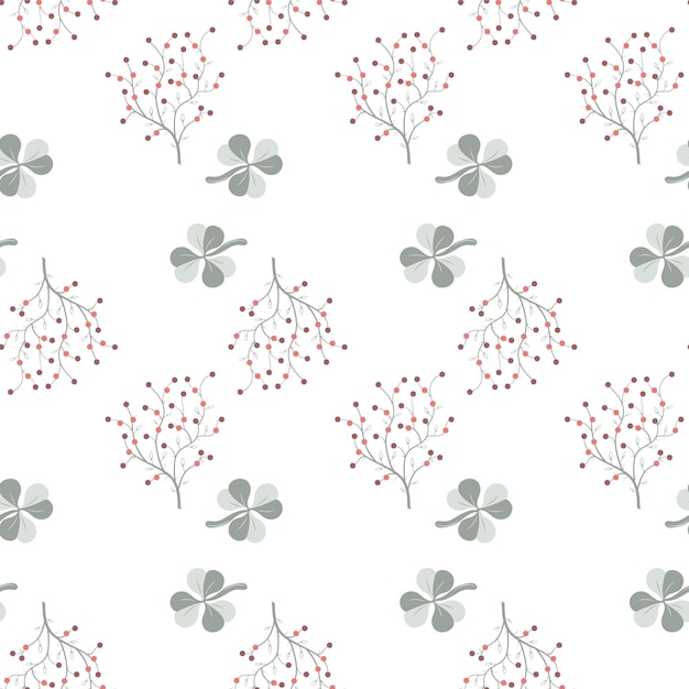 Vector illustration seamless pattern with leaves twigs flowers in green red on a white background