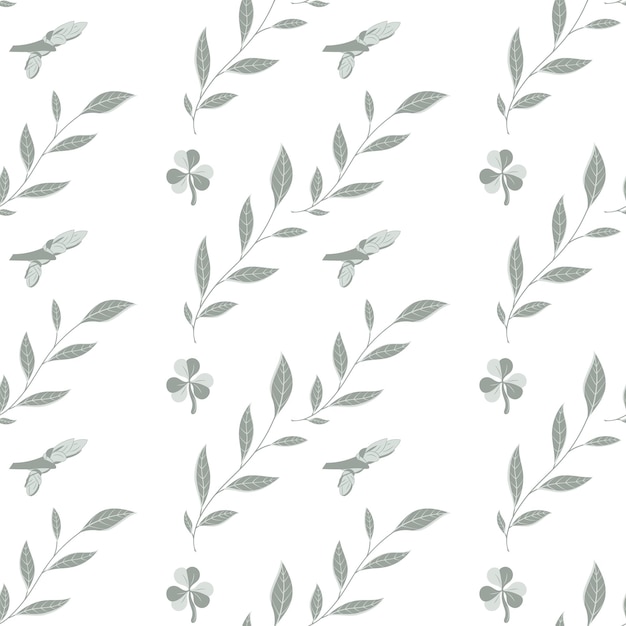 Vector illustration seamless pattern with leaves twigs flowers in green on a white background