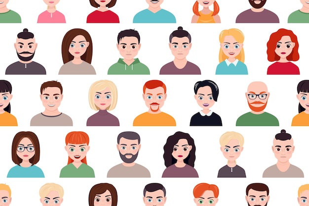 Vector illustration seamless pattern with male and female faces portraits