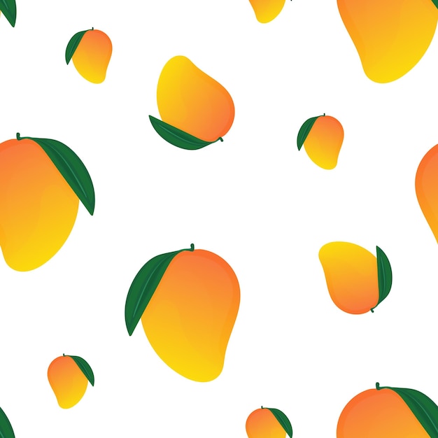 Vector illustration of a seamless pattern with mangoes in cartoon style. Tropical fruit background for packaging or fabric, juice or mango product.