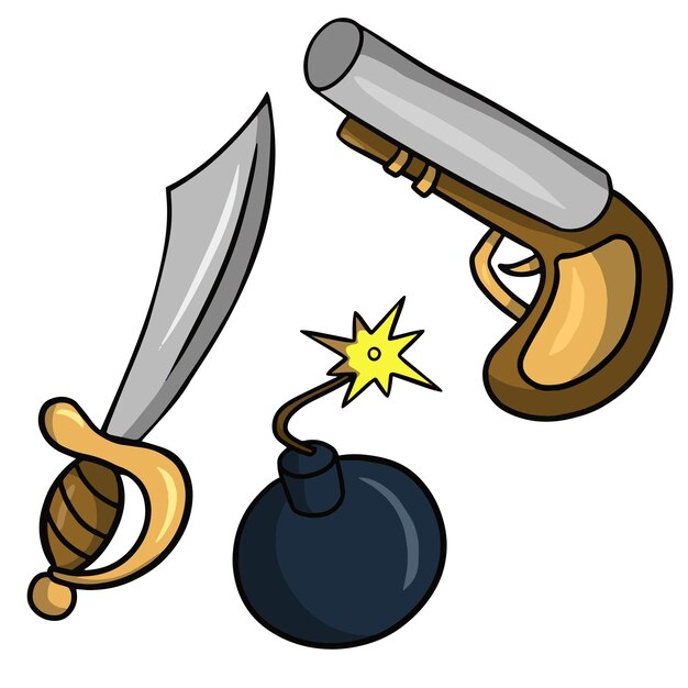 Vector vector illustration a set of attributes of weapons for pirates in cartoon style