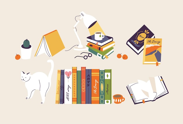 Vector illustration set of books and educational elements. Various books, stack of books, notebooks with decorative elements.