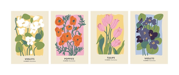 Vector illustration set of botanical posters different flowers Art for for postcards wall art banner background