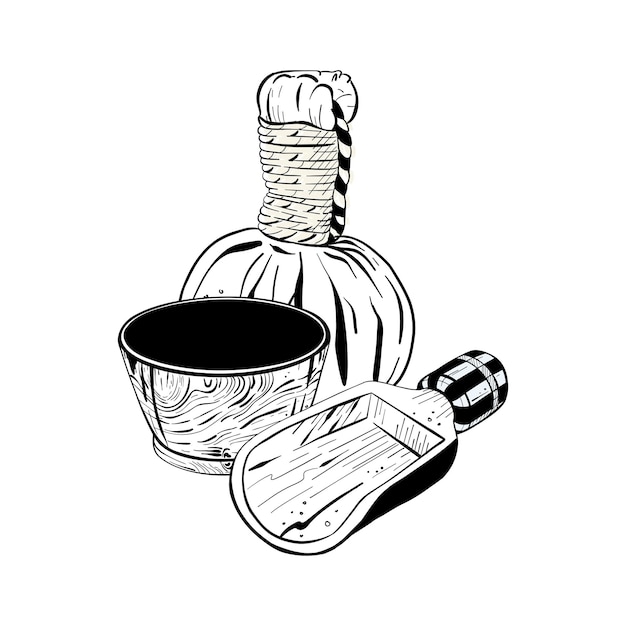 Vector illustration of set bowl and shovel for cosmetic salt and cosmetic bag for massage