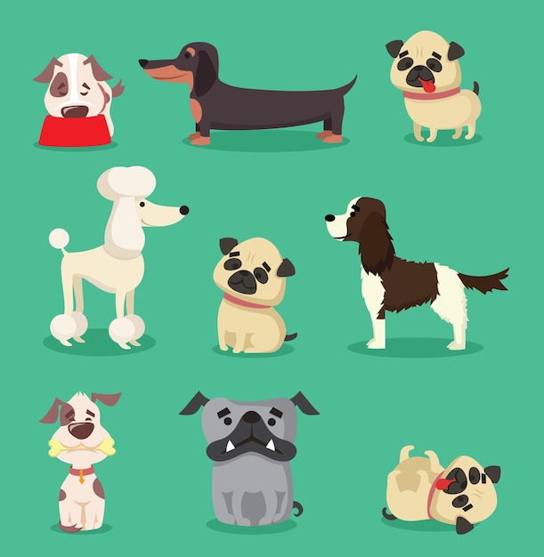 Vector illustration set of cute cartoon little dogs-pupies.