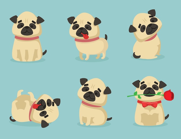 Vector vector illustration set of cute and funny cartoon little pug dogs-pupies in flat style