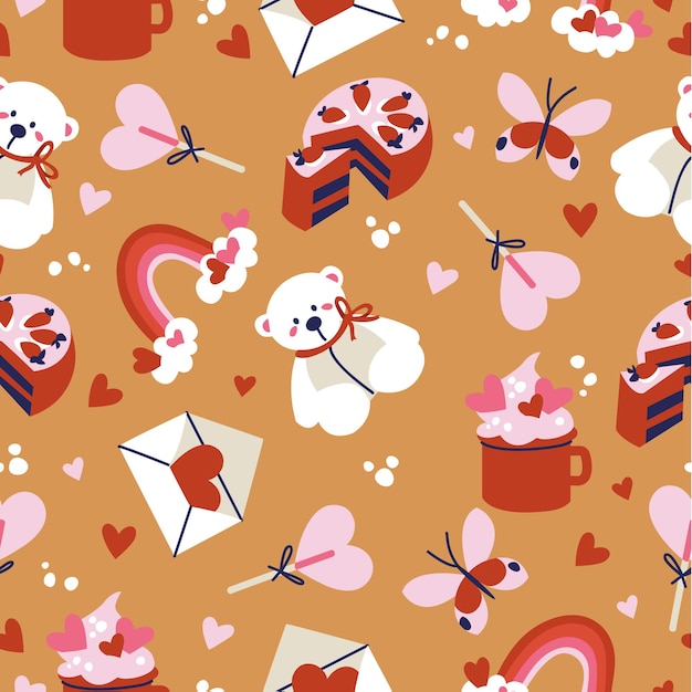 Vector illustration set of cute objects and icons for valentine s day seamless pattern